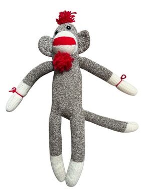 Handmade Gray & White Sock Monkey 20” Plush Toy with Red Accents - Kids Toy